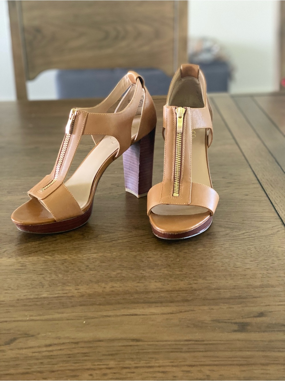 Franco Sarto Tan Leather T-Strap Zip High Heel Sandals